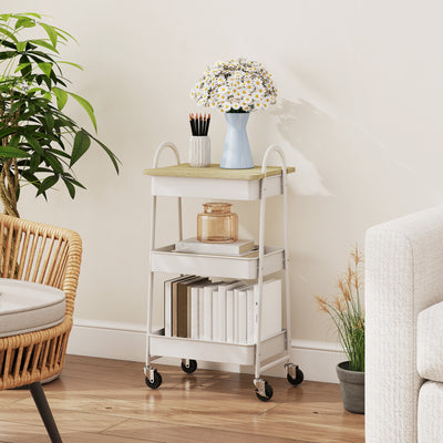 HOMCOM 3-Tier Kitchen Storage Trolley with on Wheels Cover Top Board - White and Oak 