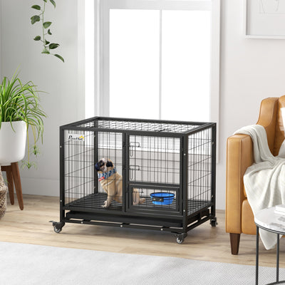 PawHut Heavy Duty Dog Crate on Wheels w/ Bowl Holder, Removable Tray, Openable Top, Detachable Door, for M, L Dogs 