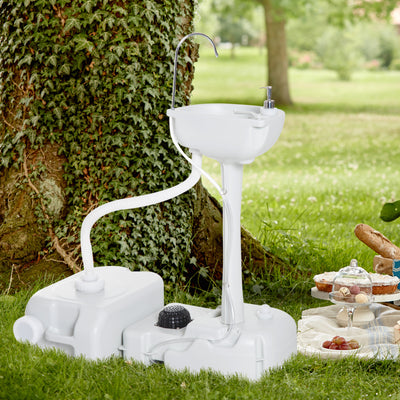 Outsunny Portable Camping Sink with Running Water and Wastewater Tank, Hand Wash Basin with Rolling Wheels, Foot Pump, Soap Dispenser for Outdoor Events, Gatherings, Picnic 