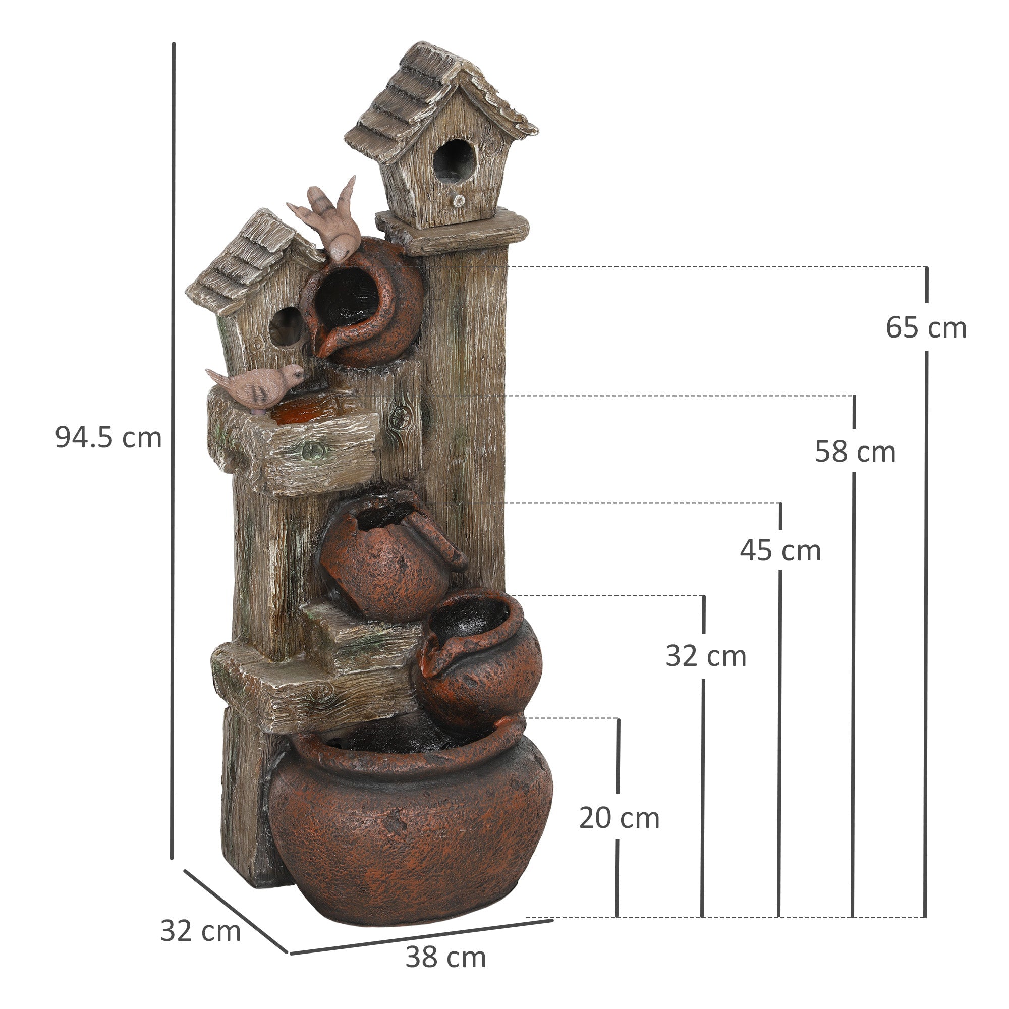 Outsunny 2-in-1 Waterfall Fountain with Birdhouse, Resin Garden Water Fountain with LED Lights Pump, Cascading Garden Water Feature with Tree Trunk Design, Multi-colour 
