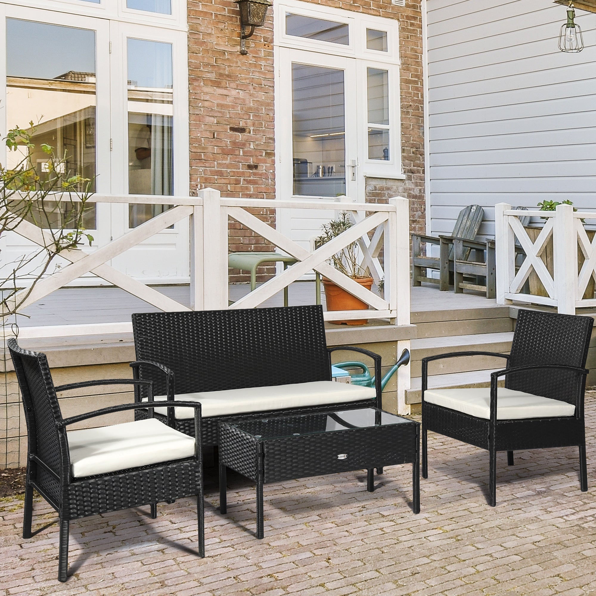 Outsunny 4 Pieces Rattan Garden Furniture Set, 4 Seater Garden Sofa Set with Loveseat, Armchairs and Glass Top Table, Wicker Conservatory Furniture with Cushions for Patio, Balcony, Black 