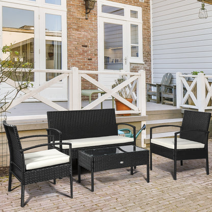Outsunny 4 Pieces Rattan Garden Furniture Set, 4 Seater Garden Sofa Set with Loveseat, Armchairs and Glass Top Table, Wicker Conservatory Furniture with Cushions for Patio, Balcony, Black 