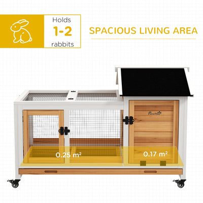 PawHut Wooden Rabbit Hutch, Guinea Pig Cage, with Removable Tray, Wheels - Yellow 
