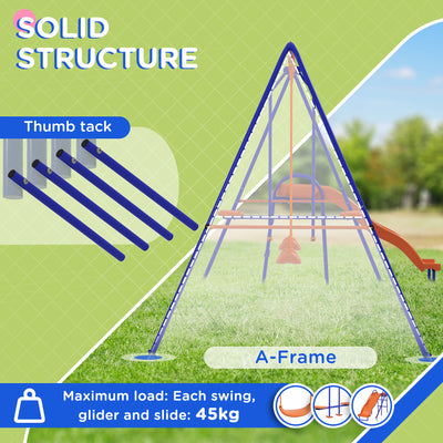 Outsunny Four-In-One Metal Garden Swing Set, with Double Swings, Glider, Slider, Ladder - Orange and Blue 