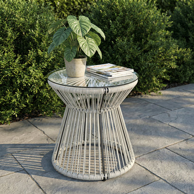 Outsunny Rattan Outdoor Coffee Table, PE Rattan Wicker Bistro Side Table with Tempered Glass Top, Light Grey 