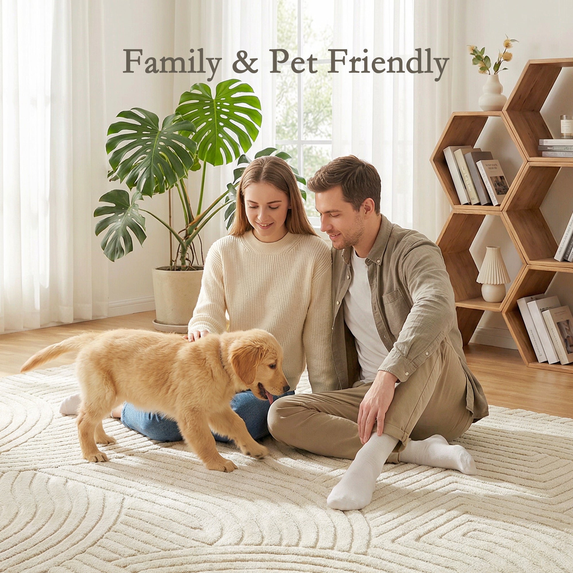 HOMCOM Modern Geometric Rug, Thick Plush, Non-Slip, 200 x 140 cm – Cream, Living Room/Bedroom/Office 
