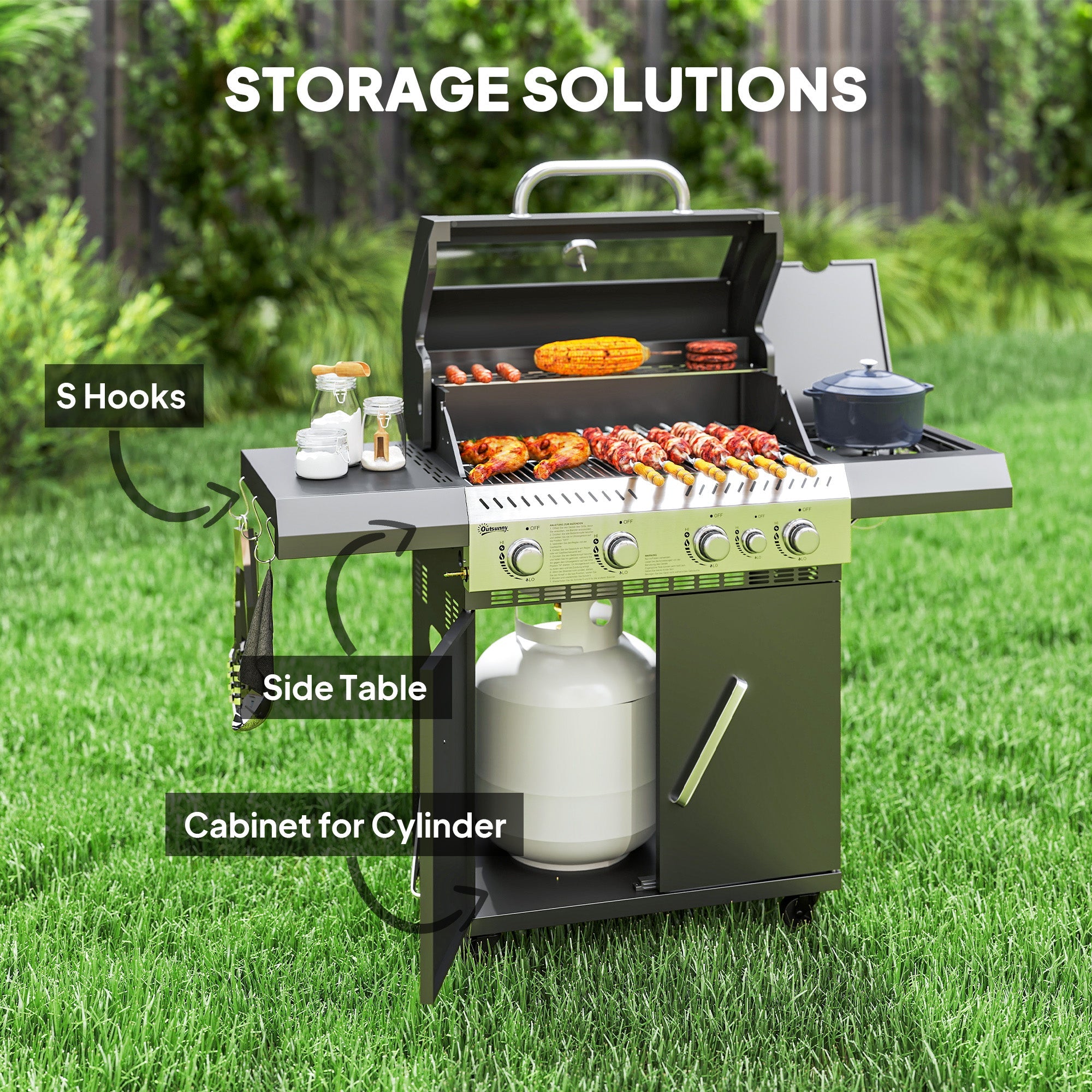Outsunny 4+1 Burner Gas BBQ Grill with Clear View Lid, Portable Gas Barbecue Grill with Built-in Thermometer, Side Table, Cabinet, Wheels, Grease Tray for Garden Party Outdoor Cooking, Black 