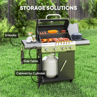 Outsunny 4+1 Burner Gas BBQ Grill with Clear View Lid, Portable Gas Barbecue Grill with Built-in Thermometer, Side Table, Cabinet, Wheels, Grease Tray for Garden Party Outdoor Cooking, Black 