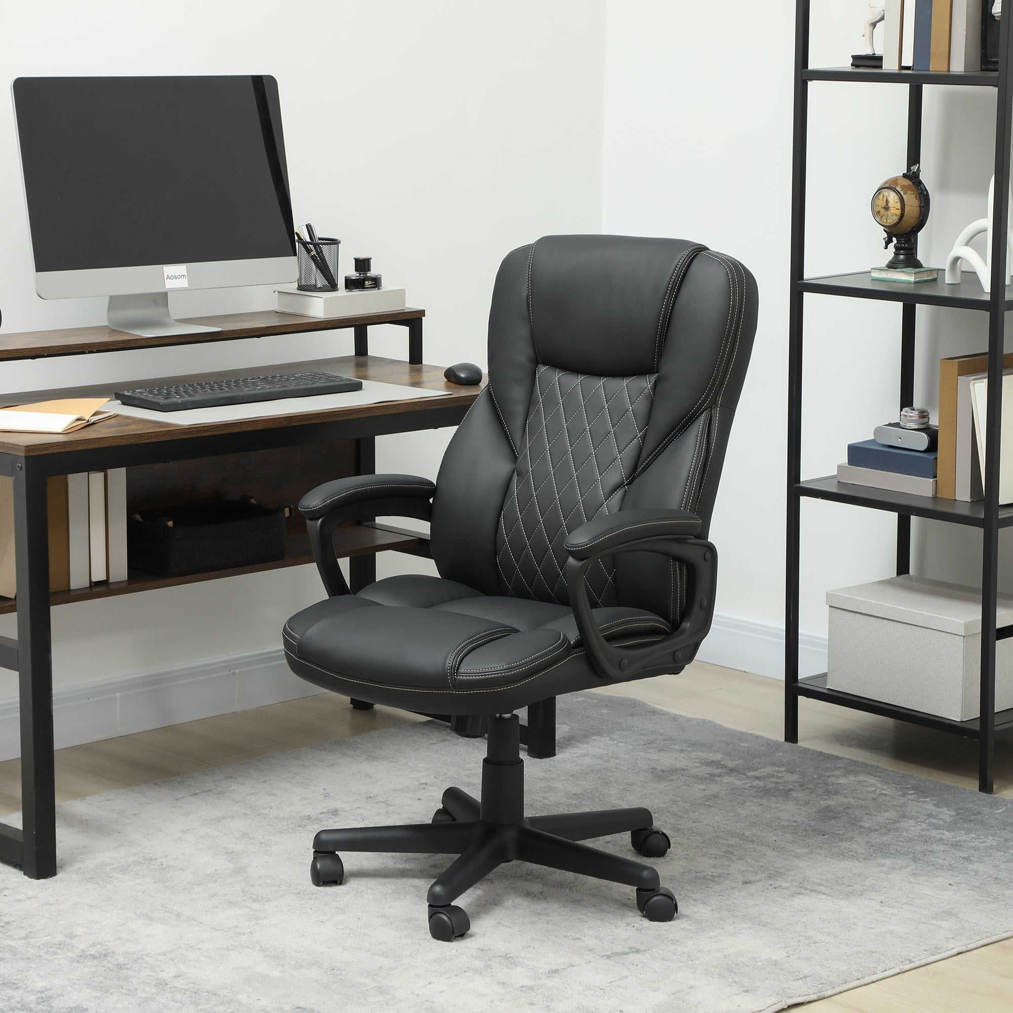 HOMCOM Executive Office Chair, High Back Desk Chair, PU Leather Swivel Computer Chair with Tilt Function, Adjustable Height and Armrests for Home Office, Black 