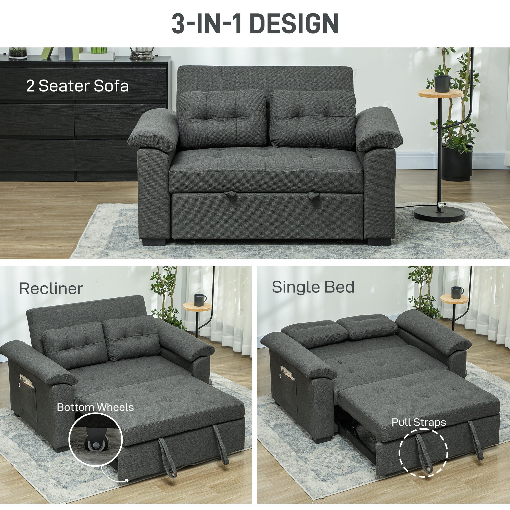 HOMCOM Pull Out Sofa Bed with 2 Pocket Springs, Fabric 2 Seater Click Clack Sofa Bed Settee, Convertible Sofa Couch with Pillows and Side Pockets for Living Room, Home Office, Charcoal Grey 
