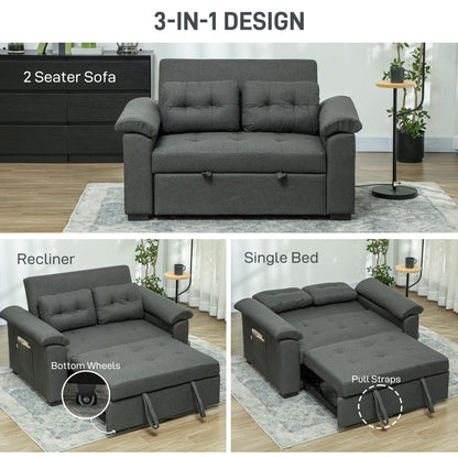 HOMCOM Pull Out Sofa Bed with 2 Pocket Springs, Fabric 2 Seater Click Clack Sofa Bed Settee, Convertible Sofa Couch with Pillows and Side Pockets for Living Room, Home Office, Charcoal Grey 