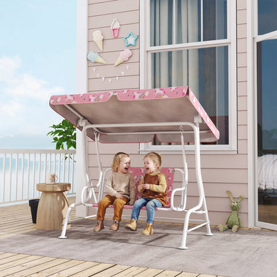 AIYAPLAY Kids Porch Swing, 2-Seater Patio Swing Bench Hammock with Seat Belts, Adjustable Canopy for Garden, Pink 