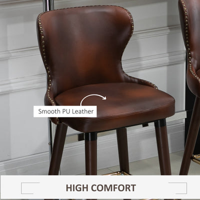 HOMCOM Bar Stools Set of 2, PU Leather Vintage Counter-Height Bar Chair, Luxury European Style Kitchen Stools with Back, Brown 