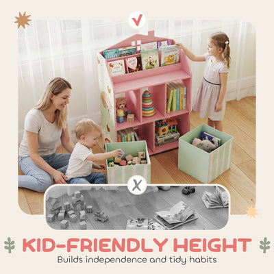 AIYAPLAY Kids Bookshelf with Storage, Toy Storage Unit with Book Display, Shelves and Fabric Drawers for Playroom Nursery, Pink 