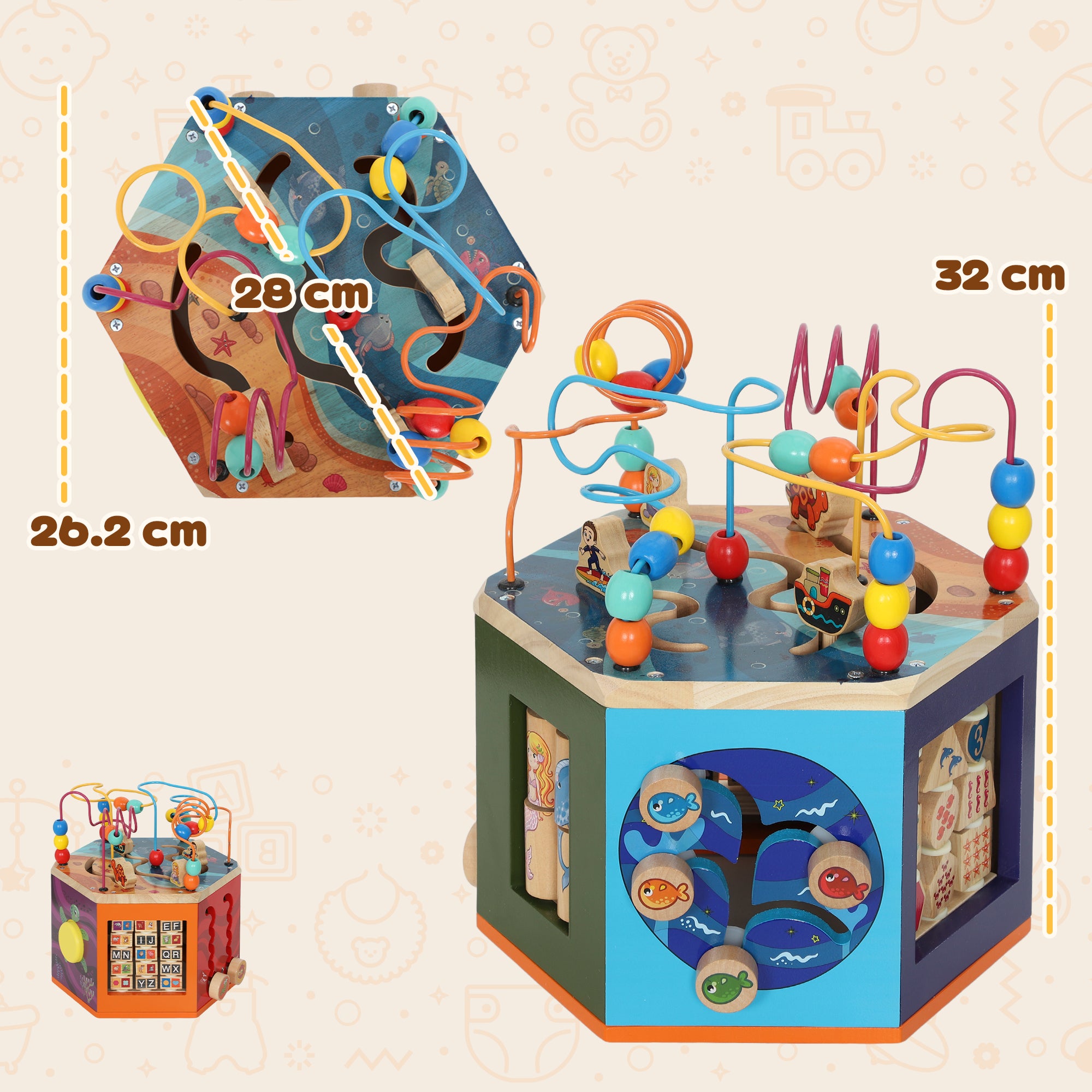 AIYAPLAY Wooden Activity Cube, Baby Toys with Bead Maze, Pattern Sorter for Toddlers Boys and Girls 18+ Months 