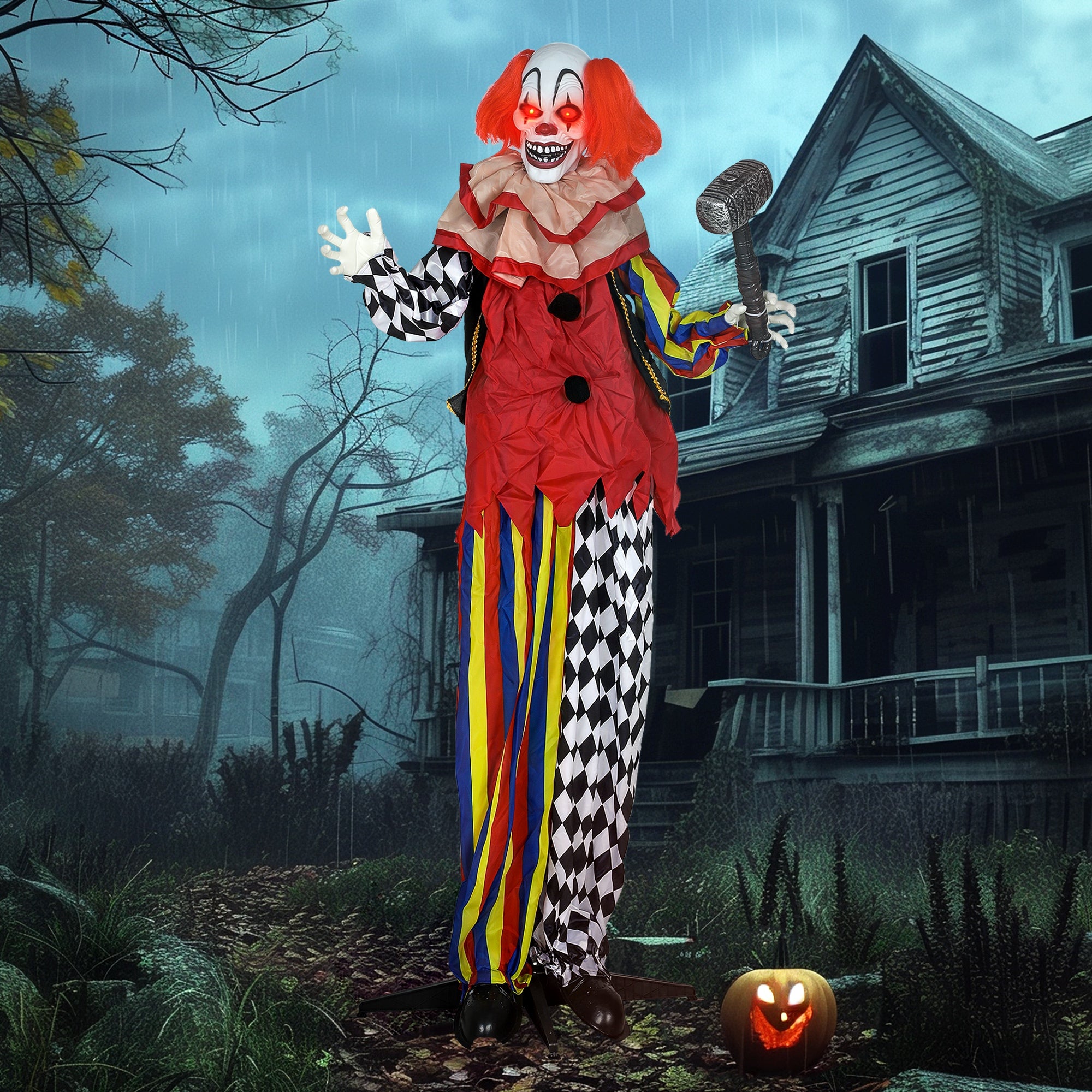 Outsunny 173 cm Life Size Halloween Animated Standing Clown & Hammer with Red Light Up Eyes, Sound Activated Moving Arms & Head, Scary Clown Halloween Decorations, Battery Operated, Indoor Party Props