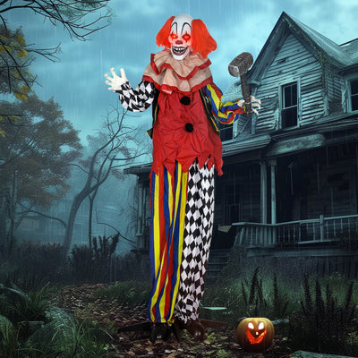 Outsunny 173 cm Life Size Halloween Animated Standing Clown & Hammer with Red Light Up Eyes, Sound Activated Moving Arms & Head, Scary Clown Halloween Decorations, Battery Operated, Indoor Party Props 