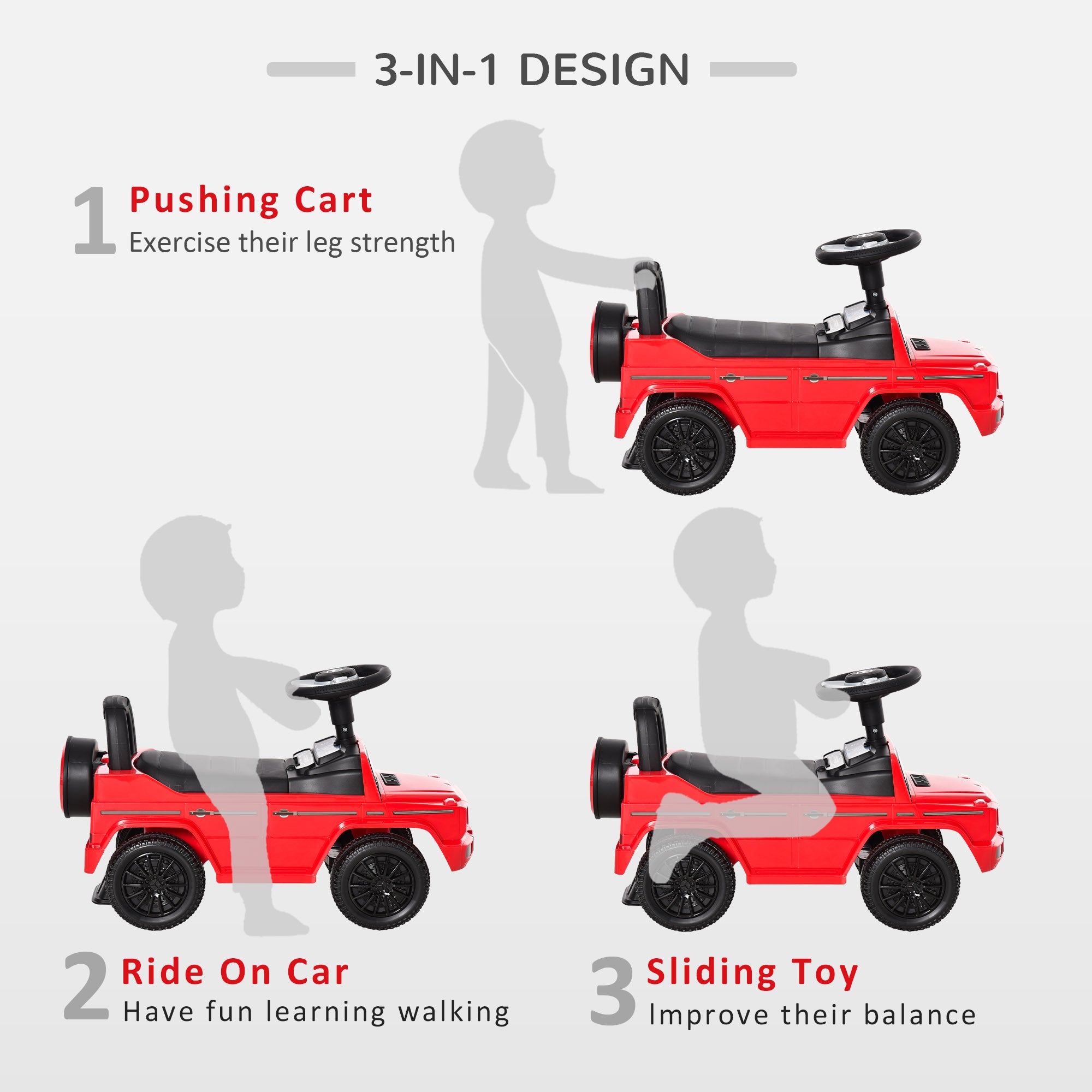 HOMCOM 3 in 1 Kids Ride On Car G350 Licensed Foot To Floor Slider Toddler Push Along NO POWER Red 12-36 months 