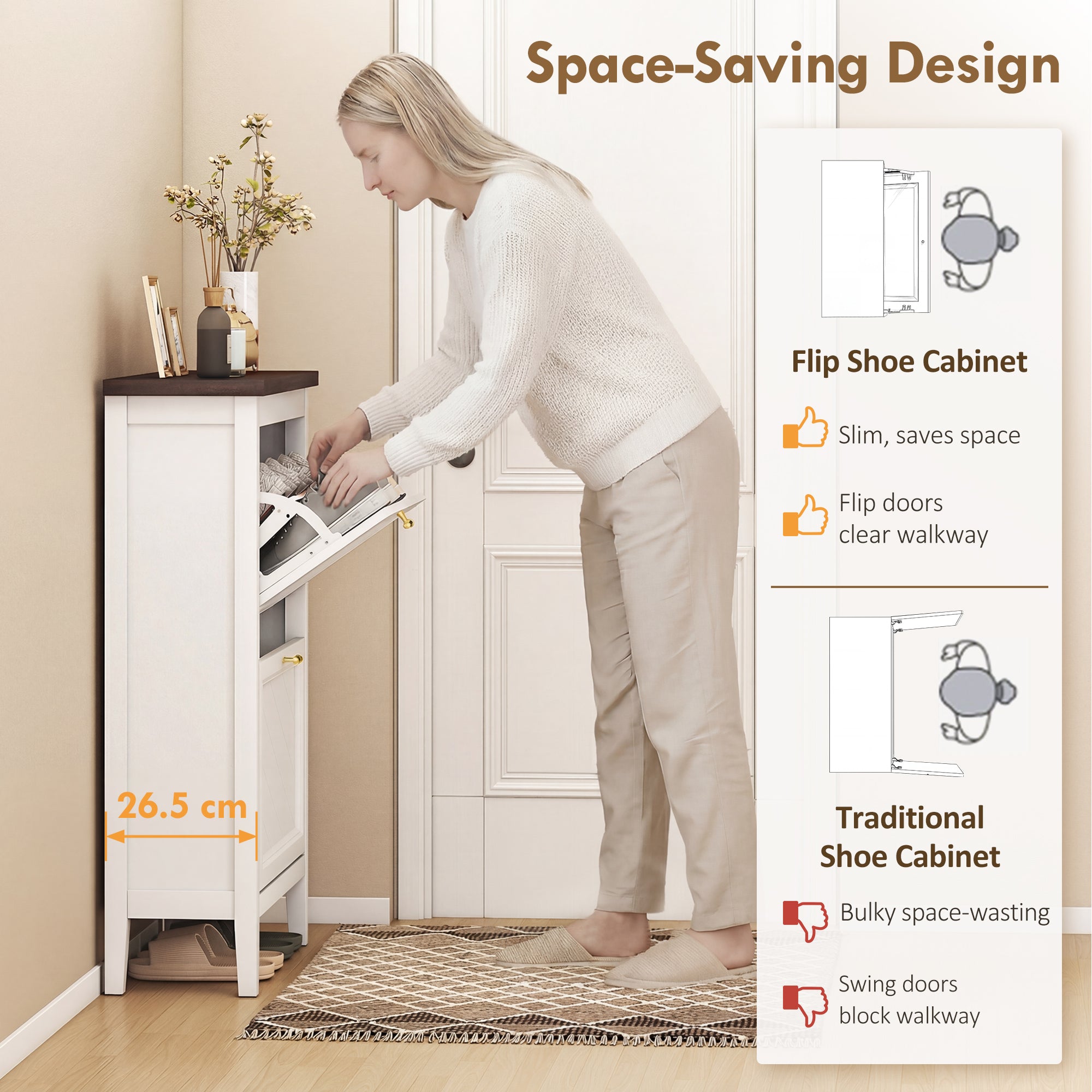 HOMCOM Shoe Cabinet with 2 Flip Drawers, Farmhouse Narrow Shoe Storage Cabinet with Adjustable Shelves, White 