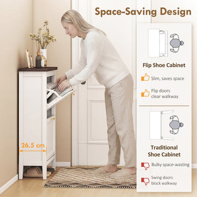 HOMCOM Shoe Cabinet with 2 Flip Drawers, Farmhouse Narrow Shoe Storage Cabinet with Adjustable Shelves, White 