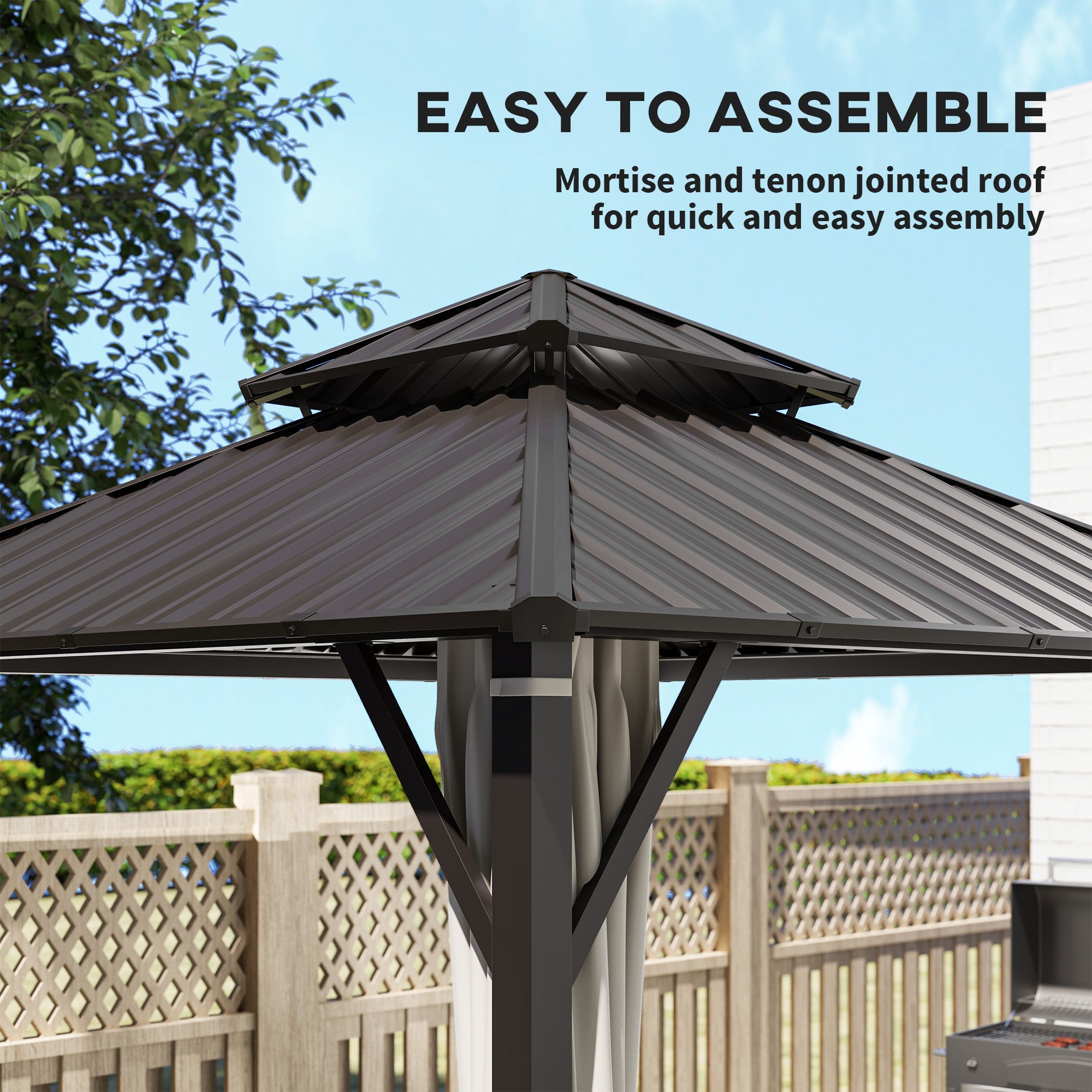 Outsunny 3 x 3(m) Hardtop Gazebo Canopy with Double Metal Roof, Waterproof Permanent Pavilion Garden Gazebo with Netting and Curtains, Easy to Assemble 