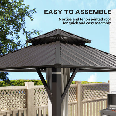 Outsunny 3 x 3(m) Hardtop Gazebo Canopy with Double Metal Roof, Waterproof Permanent Pavilion Garden Gazebo with Netting and Curtains, Easy to Assemble 