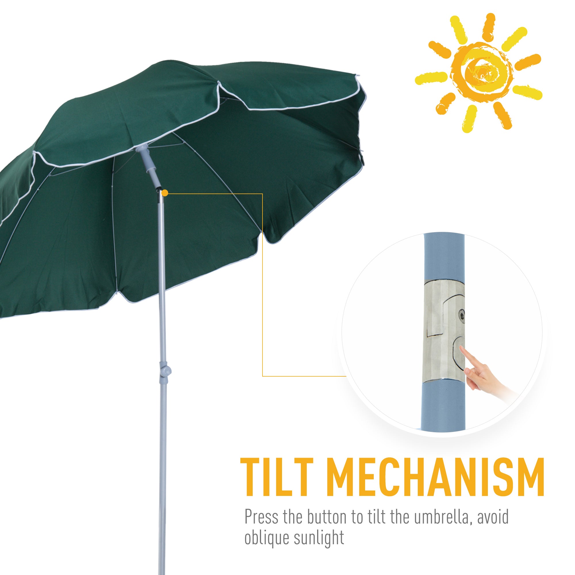 Outsunny 2.2m Beach Umbrella, Portable Parasol with Tilting Function, Outdoor Sunshade Shelter with 8 Ribs, Green 