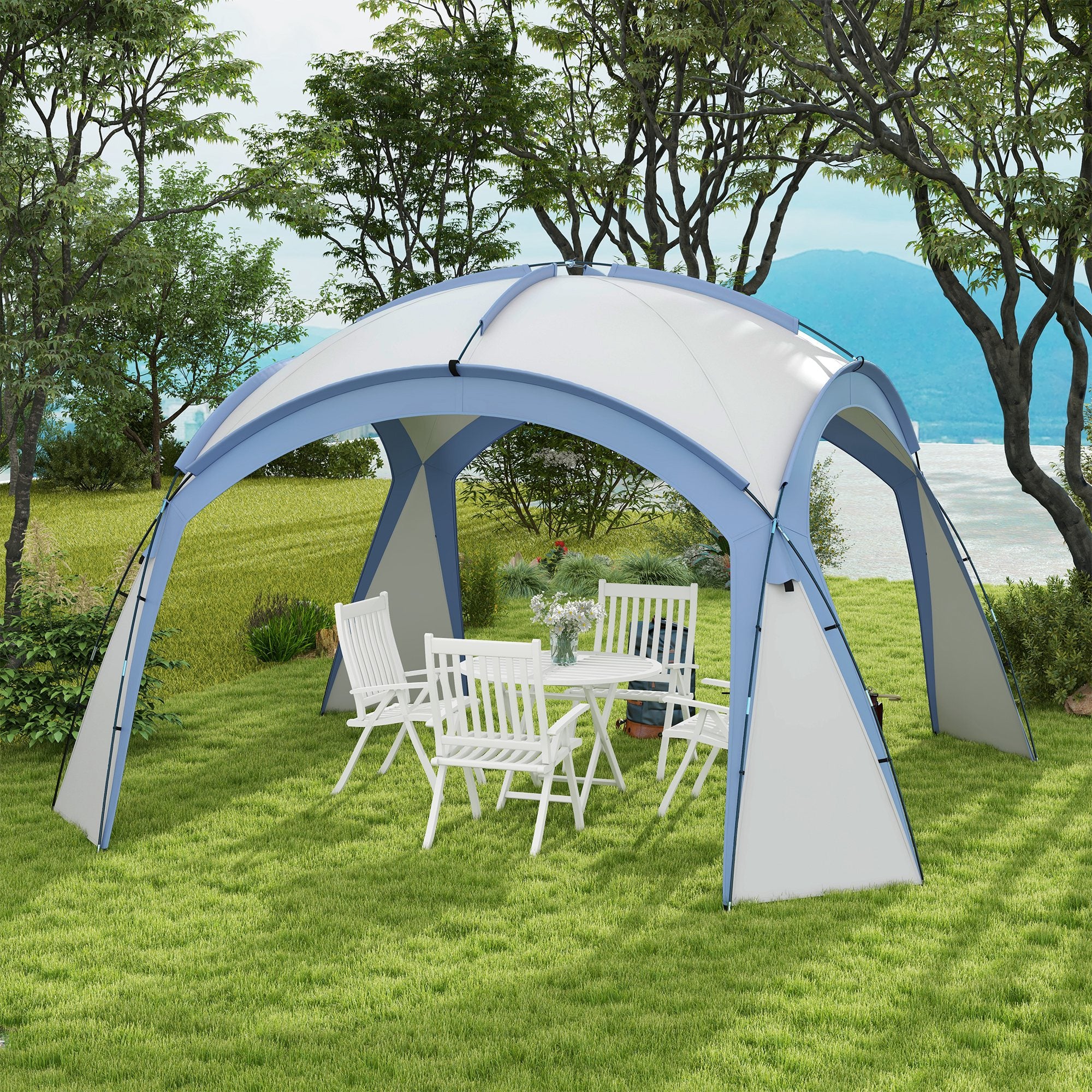 Outsunny 3.5 x 3.5M Camping Gazebo, Outdoor Event Shelter Dome Tent Garden Sun Shelter Patio Spire Arc Pavilion Camp Sun Shade, Light Blue 