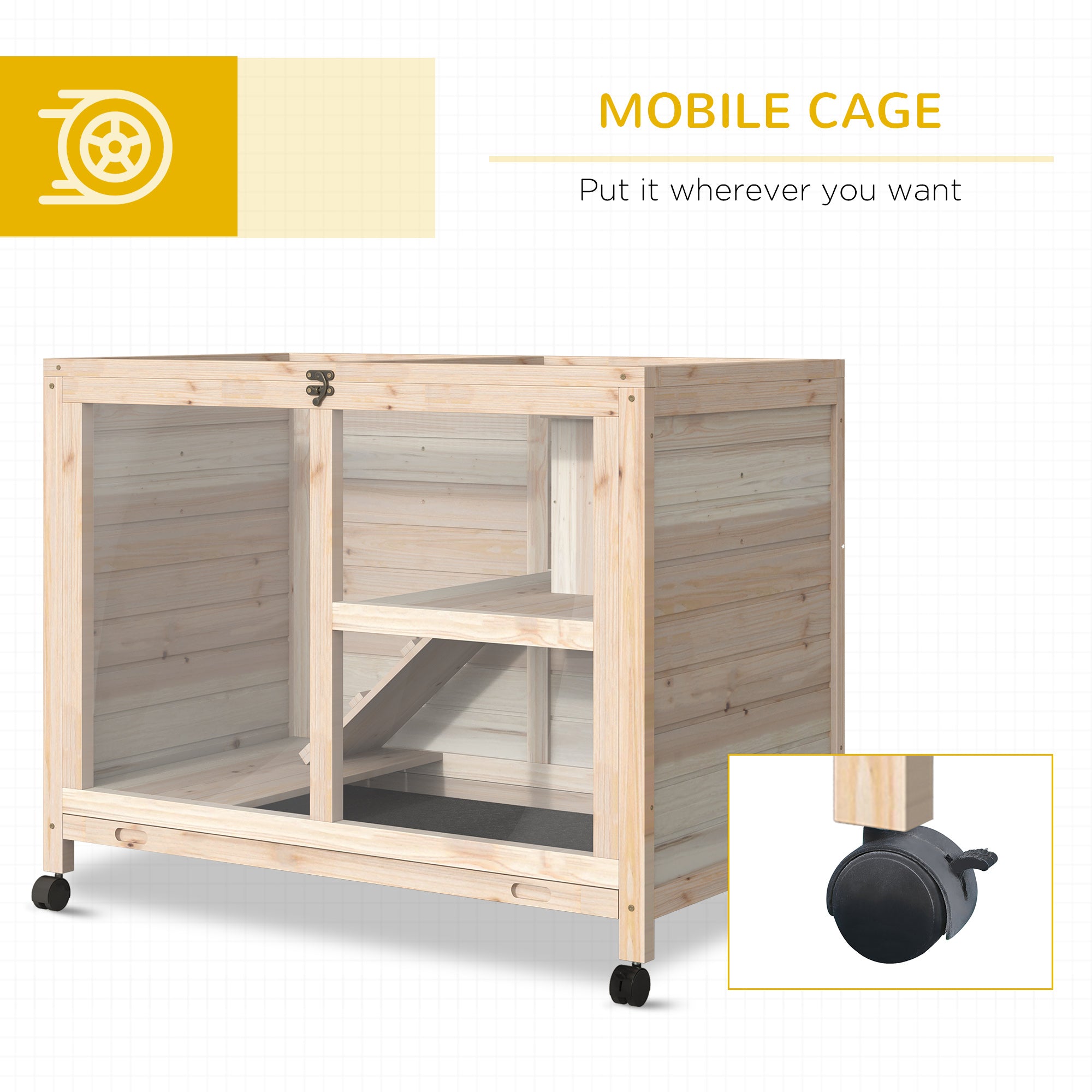 PawHut Rabbit Hutch Indoor Wooden Guinea Pig House Hamster Cage with Wheels, 2 Layers Bunny Cage with Openable Roof, 91.5 x 53.3 x 73 cm, Natural 
