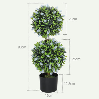 HOMCOM Set of 2 Decorative Artificial Plants Ball Trees with Lavender Flowers in Pot Fake Plants for Home Indoor Outdoor Decor, 70cm, Blue 