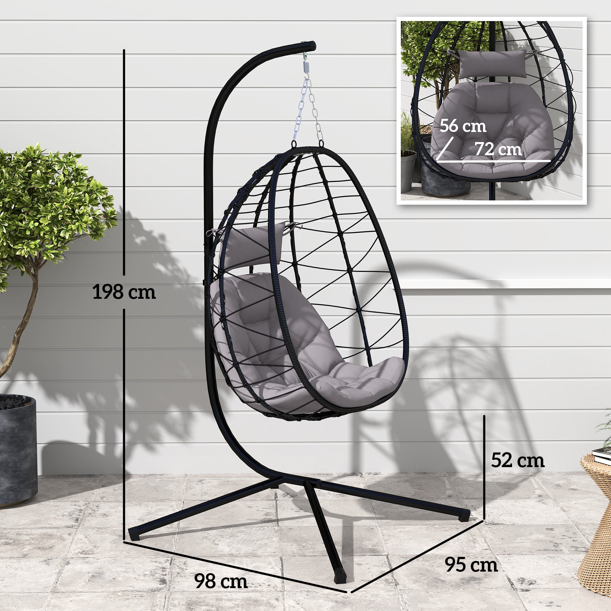 Outsunny Hanging Egg Chair Outdoor Indoor Garden Swing Chair with Folding Basket, Thickened Cushion, Garden Hanging Chair with Stand, Headrest for Patio, Balcony, Grey