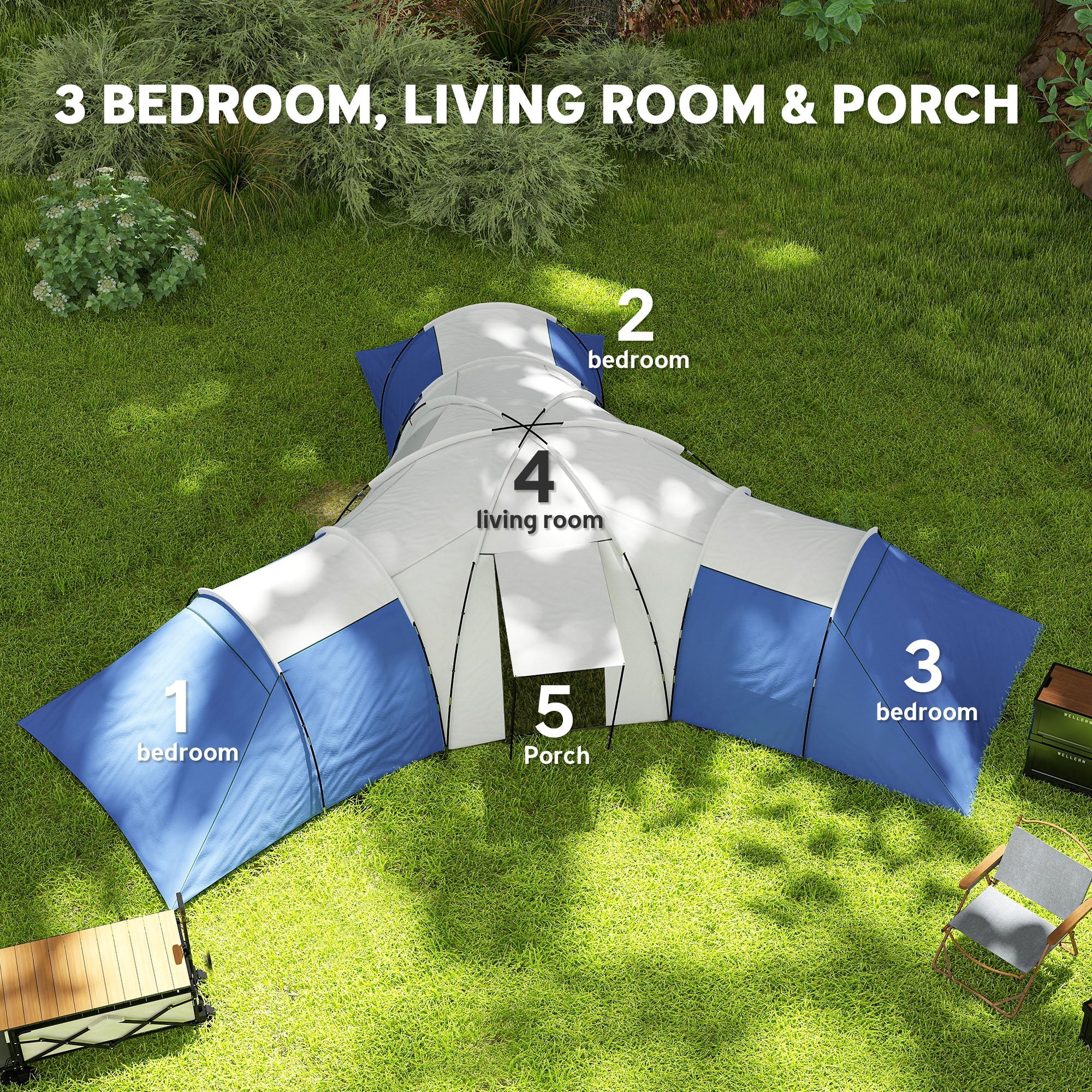 Outsunny 6-9 Man Tent with Bedrooms and Living Room, Accessories Included, Blue 