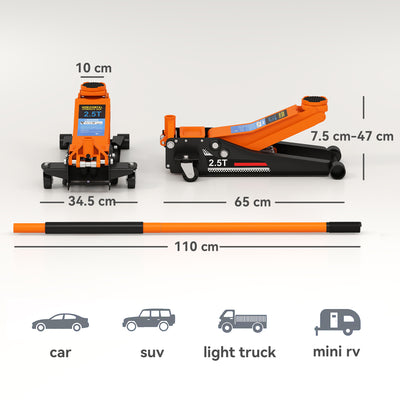 HOMCOM 2.5 Ton Hydraulic Low-Profile Floor Jack, with 7.5-47cm Lifting Range, Wheels, Orange 