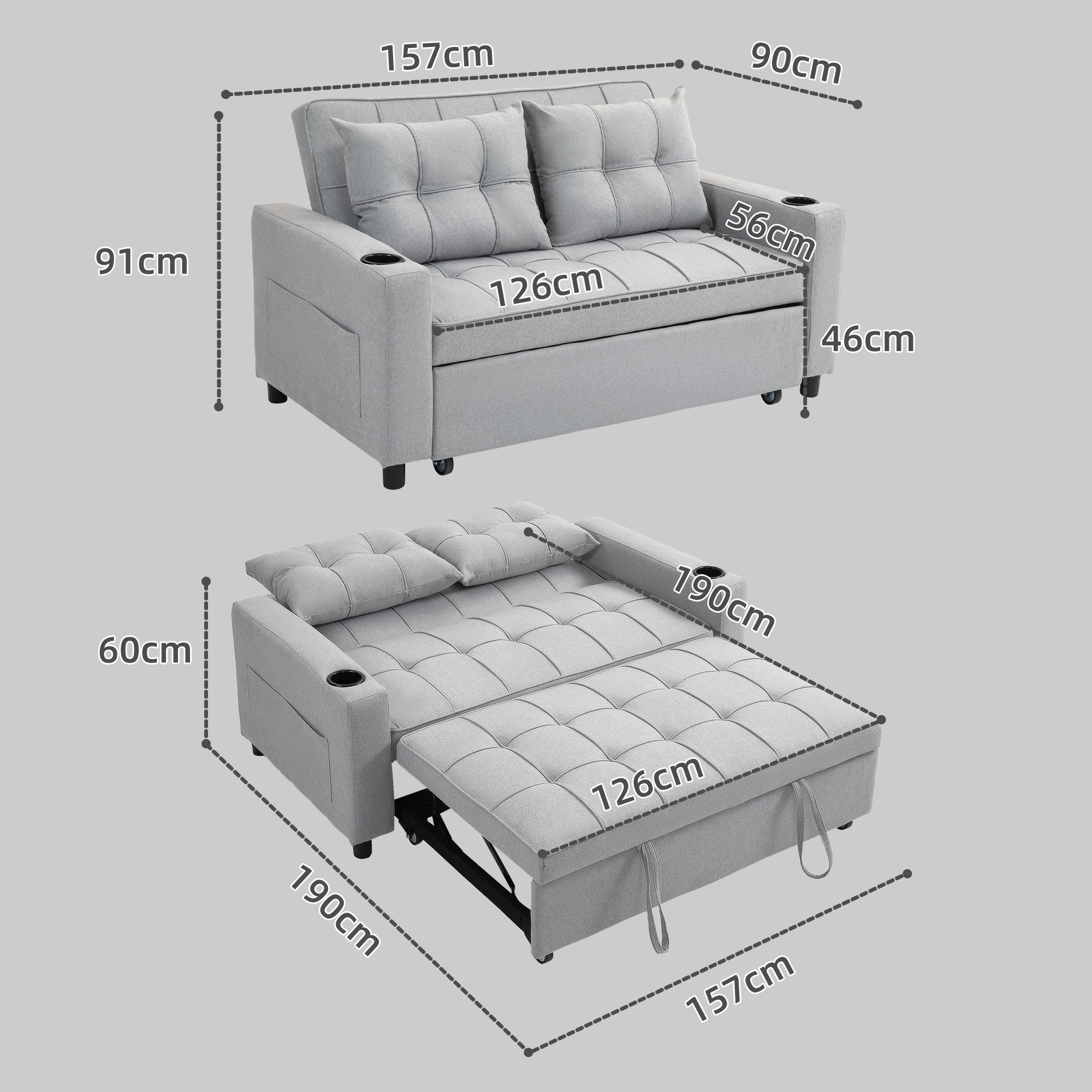 HOMCOM Two-Seater Pull-Out Sofa Bed - Light Grey 