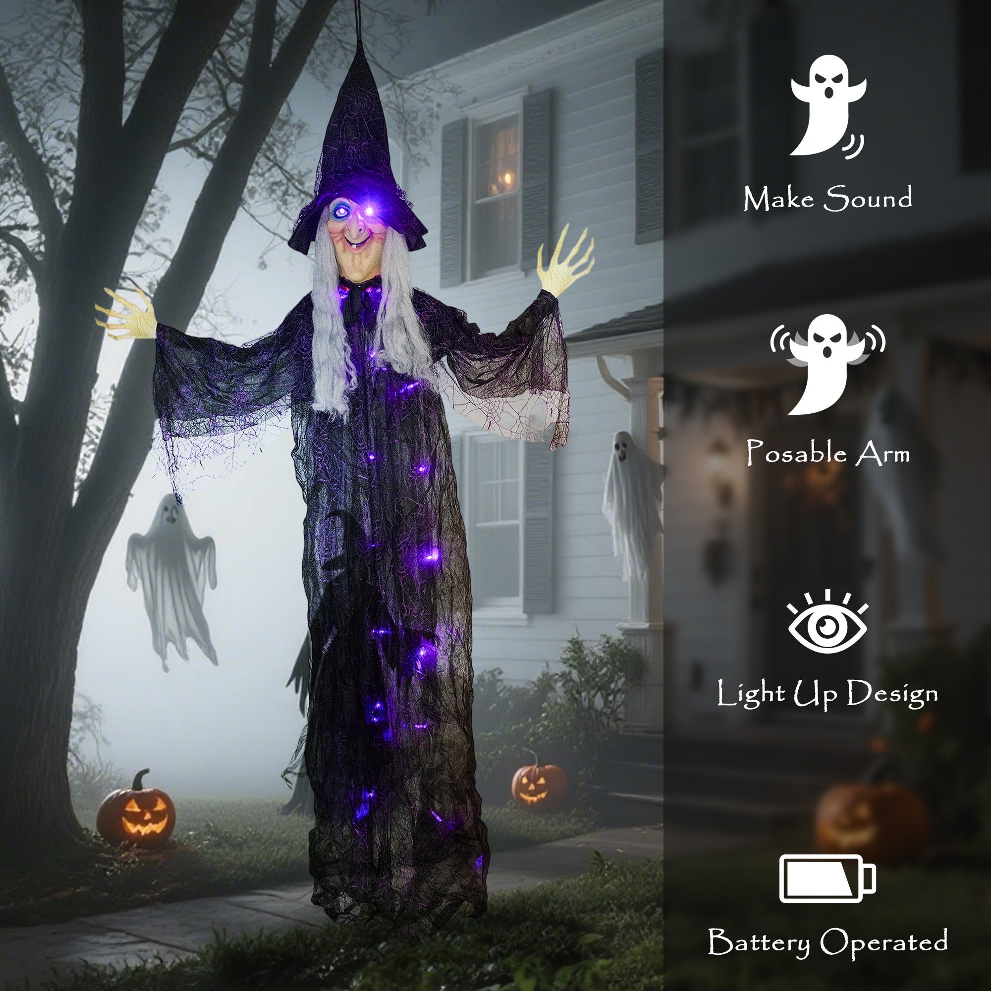 Outsunny 183 cm Life Size Halloween Animated Hanging Witch with Glowing LED Eyes & Body, Spooky Witch Scary Halloween Decorations, Battery Operated, Indoor Party Props