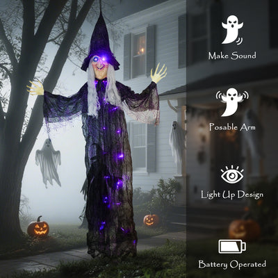 Outsunny 183 cm Life Size Halloween Animated Hanging Witch with Glowing LED Eyes & Body, Spooky Witch Scary Halloween Decorations, Battery Operated, Indoor Party Props 