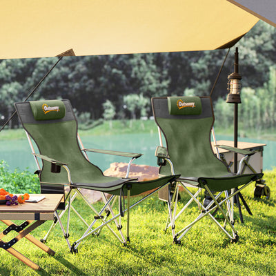 Outsunny Set of 2 Reclining Folding Camping Chair w/ Detachable Footrest, Storage Bag, Cup Holder & Headrest, Lightweight Portable Camp Chair for Beach, Picnic, Olive Green and Grey 