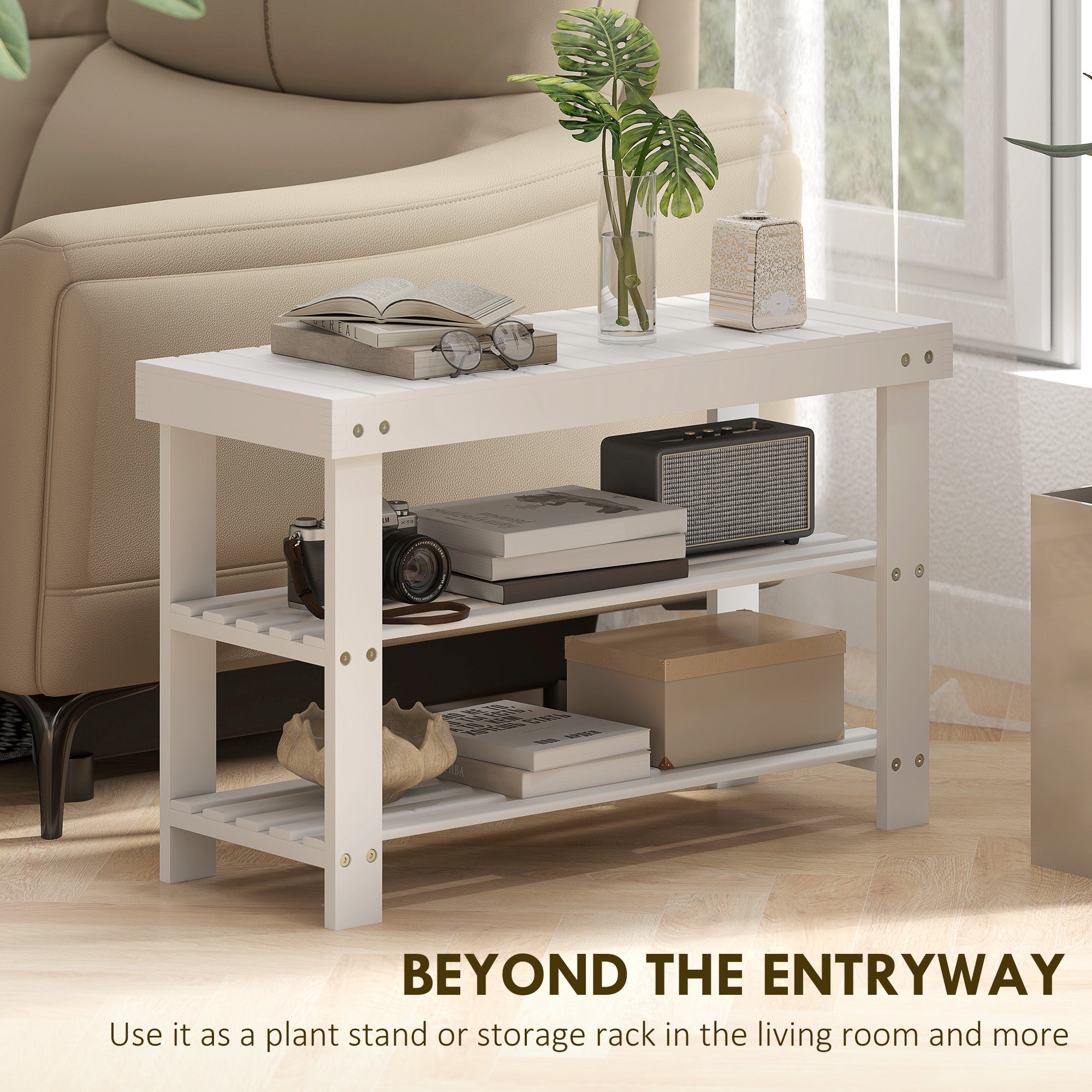 HOMCOM Two Shelf Bamboo Shoe Storage Bench - White 