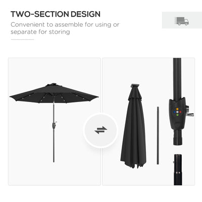 Outsunny \'ce\'a62.7m Garden Parasol Solar Outdoor Tilt Sun Umbrella Patio Sun Shade w/ 24 LED Light, Hand Crank and 8 Ribs, Black 