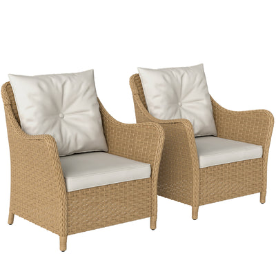 Outsunny Rattan Garden Chairs Set of 2, Outdoor Rattan Chairs with Cushions, Armrests and High Back, PE Wicker Garden Armchair with Steel Frame for Balcony, Porch, Beige 