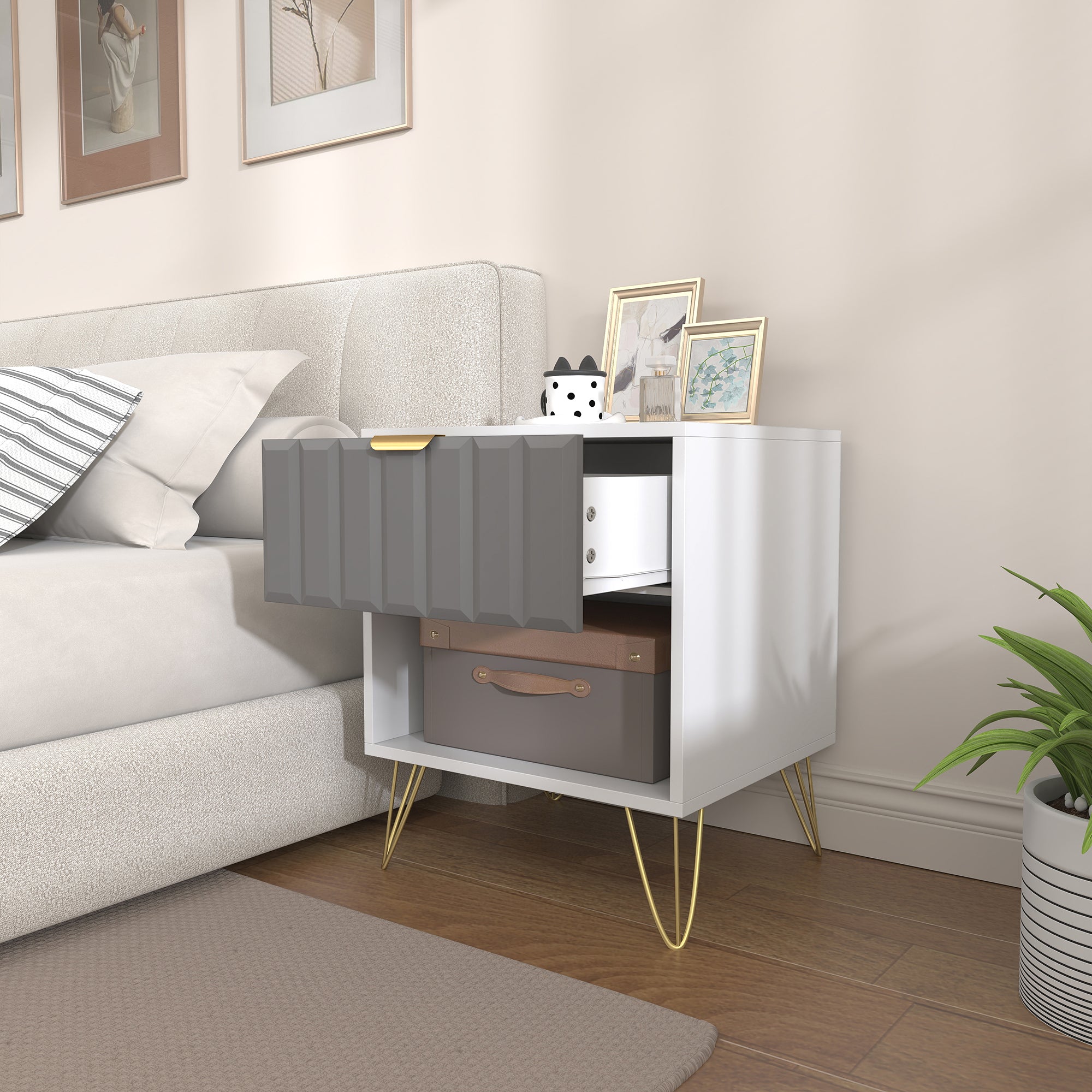 HOMCOM Bedside Table Modern Bedside Cabinet with Drawer and Open Compartment, 45 x 40 x 55, White 