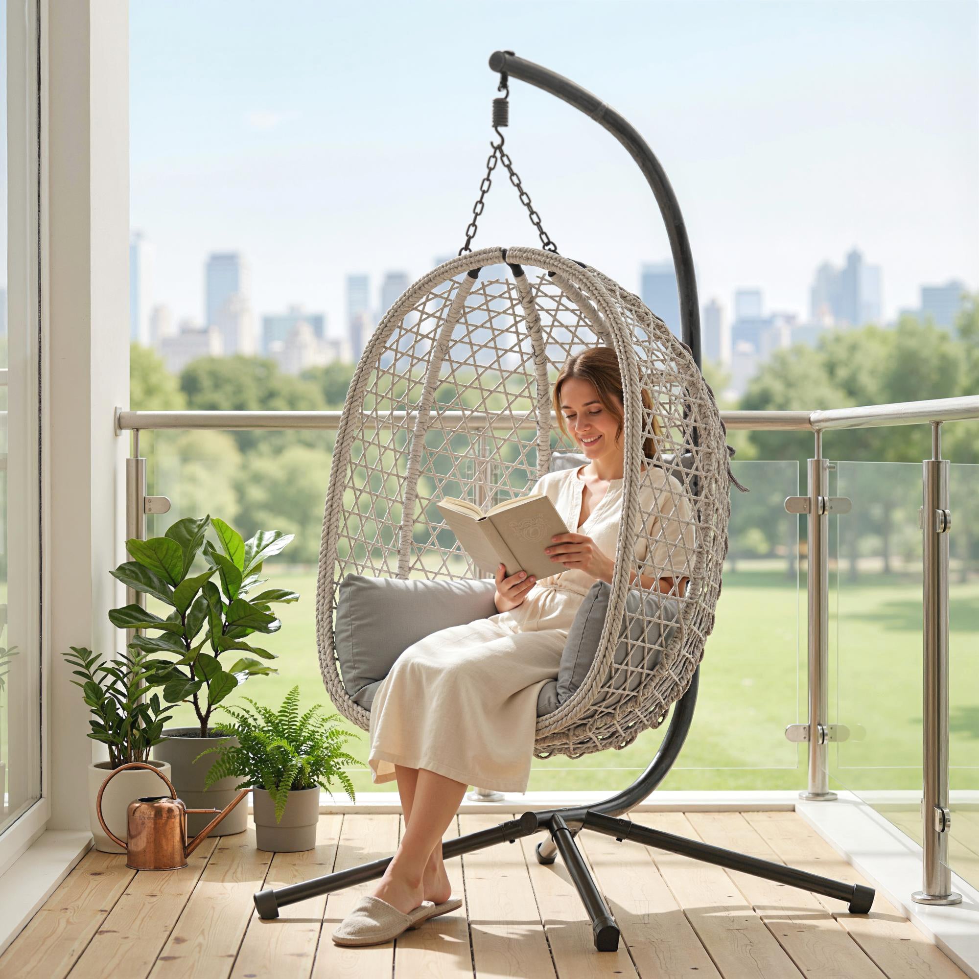 Outsunny Hanging Egg Chair, Indoor Outdoor Rattan Hammock Swing Chair with Stand, Safety Strap, Foldable Basket, Light Grey 