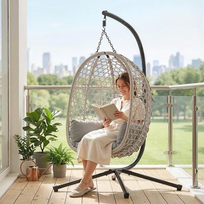 Outsunny Hanging Egg Chair, Indoor Outdoor Rattan Hammock Swing Chair with Stand, Safety Strap, Foldable Basket, Light Grey 
