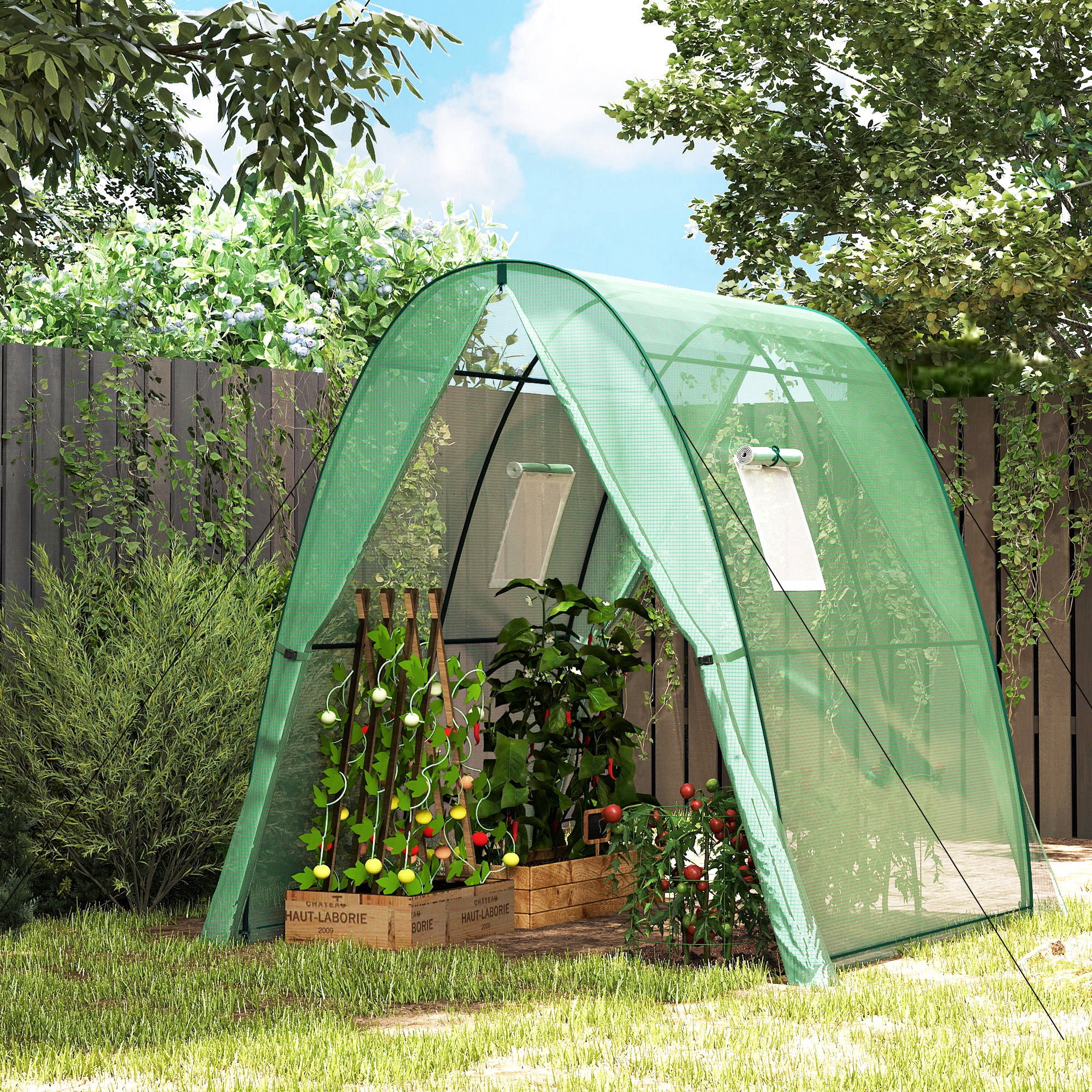 Outsunny Polytunnel Greenhouse with Sandbags, Walk-In Tunnel Green House with 2 Doors and Screen Windows, 1.8 x 1.8 x 2m, Green 