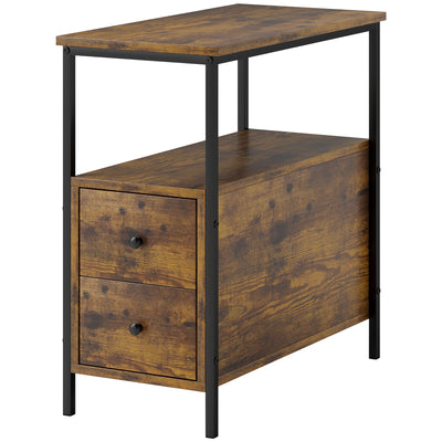 HOMCOM Side Table, Narrow Bedside Table with 2 Drawers and Storage Shelf, Industrial End Table with Metal Frame for Small Spaces, Rustic Brown 