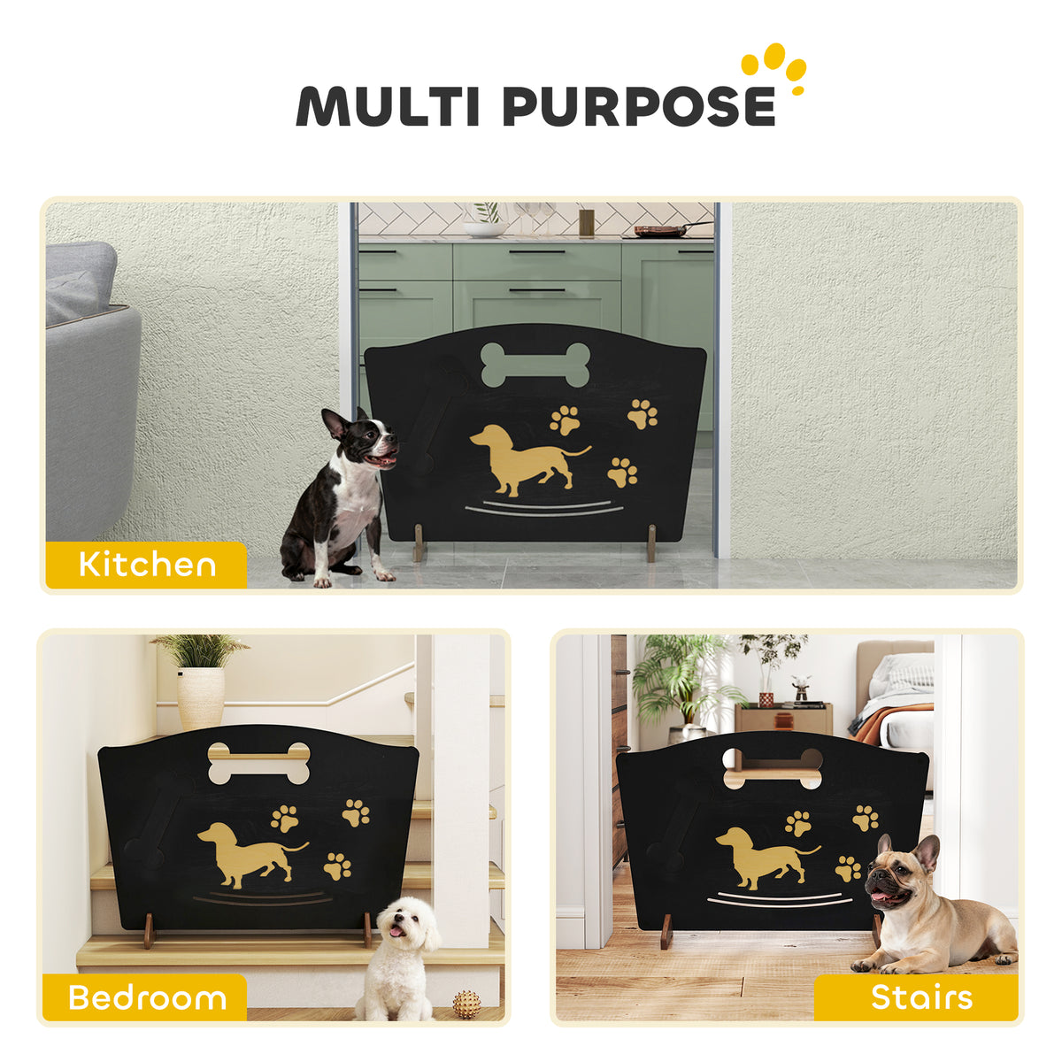PawHut Wooden Dog Stopper, Dog Barrier with Support Feet, for Stair, Patio, Very Easy Setup, Black, 75 x 51 cm 