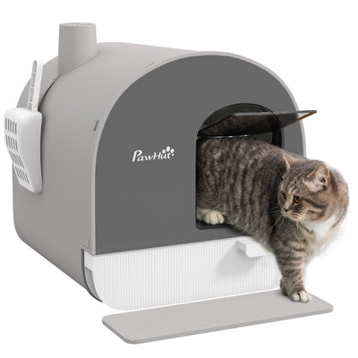 PawHut Hooded Cat Litter Box, Kitten Litter Tray, with Lid, Scoop, Filter, Flap Door, Light Grey 