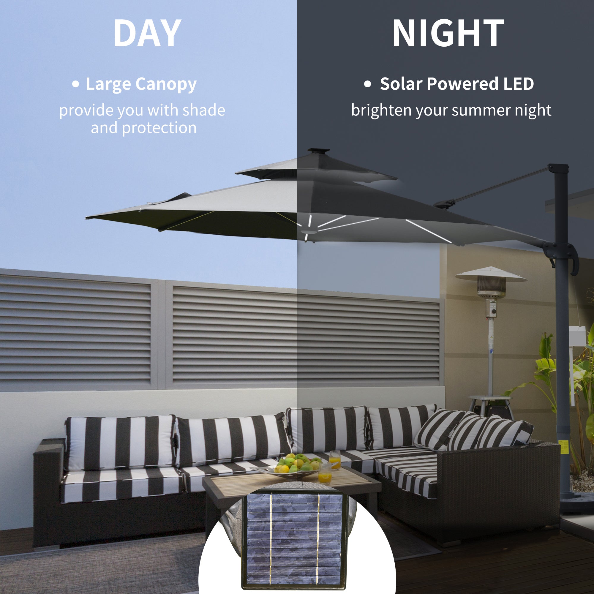 Outsunny 3m Cantilever Parasol w/ Solar Lights Power Bank Base 360° Spin Dark Grey 