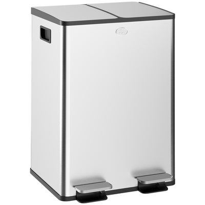 HOMCOM 56L Dual Compartment Stainless Steel Bin, with Deodoriser Holders - Silver Tone 