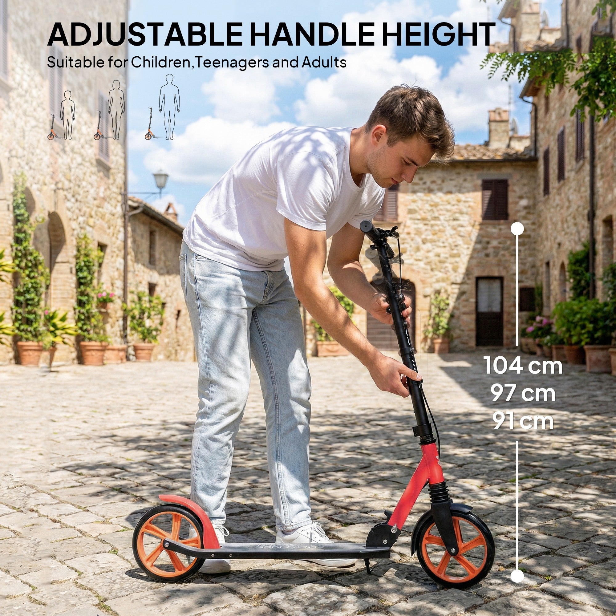 HOMCOM One-click Folding Kick Scooter for 14+ w/ Adjustable Handlebar, Push Scooter with Kickstand, Dual Brake System, Red 